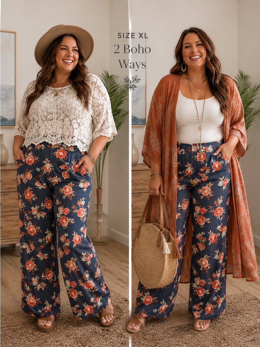 Wide Leg Floral Pants in Navy and Coral - Boho Wide Leg Women's Pants